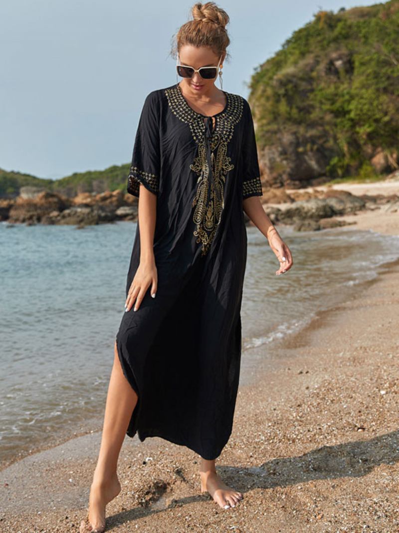 Mulheres Cover Ups Dark Navy Color Block Bordado Com Decote Em V Mangas 3/4 Comprimento Oversized Verão Sexy Swimwear - Preto