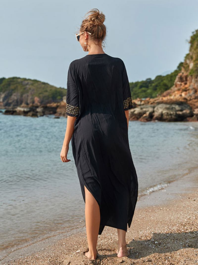 Mulheres Cover Ups Dark Navy Color Block Bordado Com Decote Em V Mangas 3/4 Comprimento Oversized Verão Sexy Swimwear - Preto