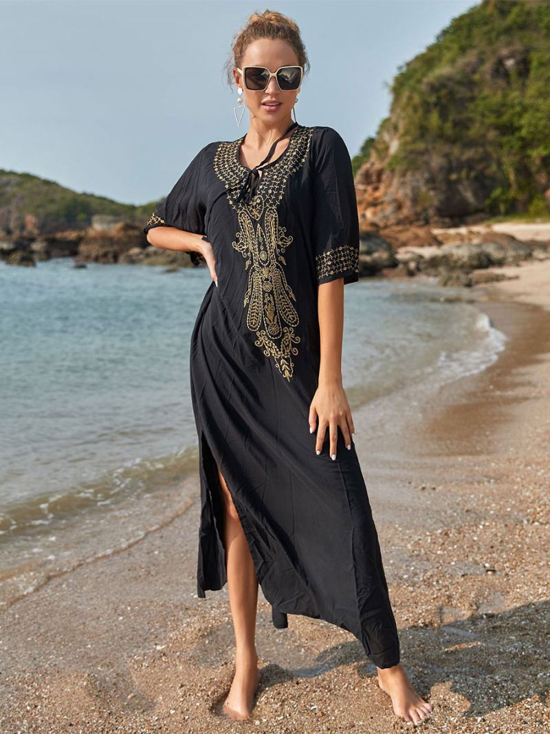 Mulheres Cover Ups Dark Navy Color Block Bordado Com Decote Em V Mangas 3/4 Comprimento Oversized Verão Sexy Swimwear - Preto