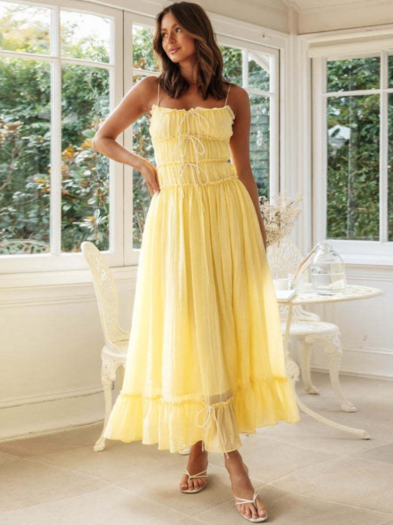 Vestido Boho Feminino Com Alças Finas Sem Mangas Vestidos Maxi Verão Em Dois Tons - Amarelo