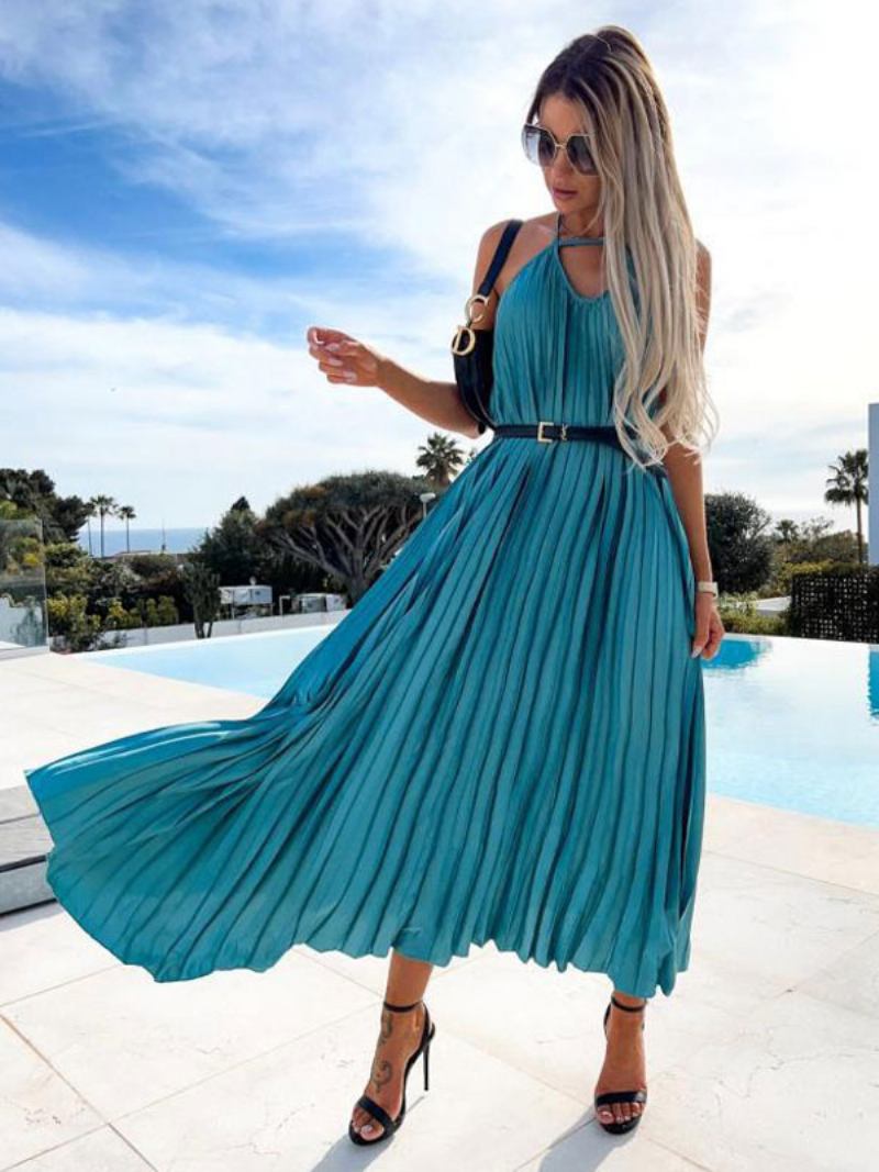 Vestido Boho Feminino Com Decote Em V Sem Mangas Verão - Azul