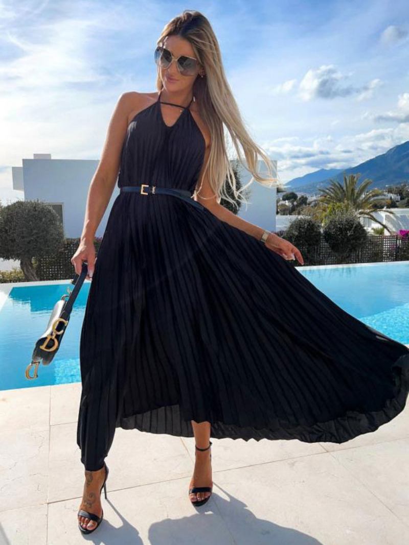 Vestido Boho Feminino Com Decote Em V Sem Mangas Verão - Preto