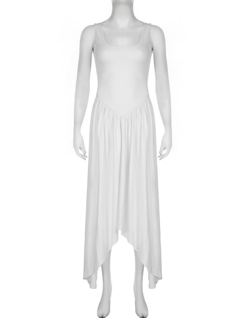 Vestido Feminino Branco Verão Sem Mangas Com Decote Em U Plissado Na Parte Inferior Vestidos Longos Praia - Branco