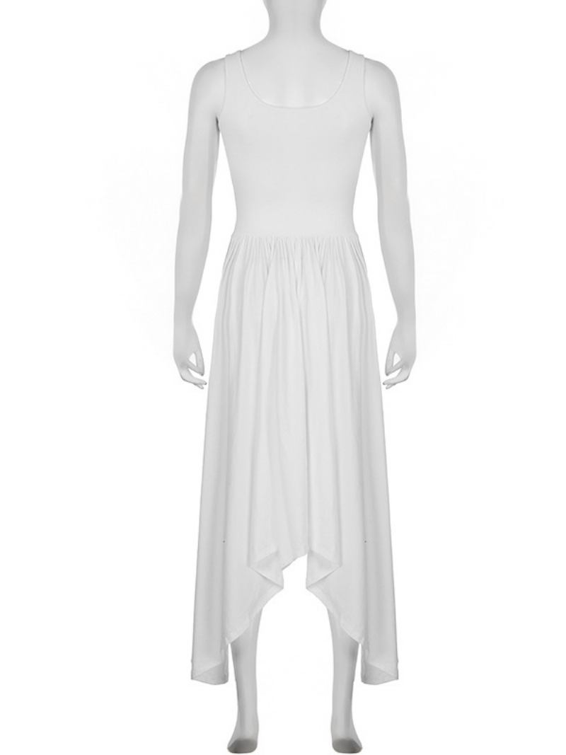 Vestido Feminino Branco Verão Sem Mangas Com Decote Em U Plissado Na Parte Inferior Vestidos Longos Praia - Branco