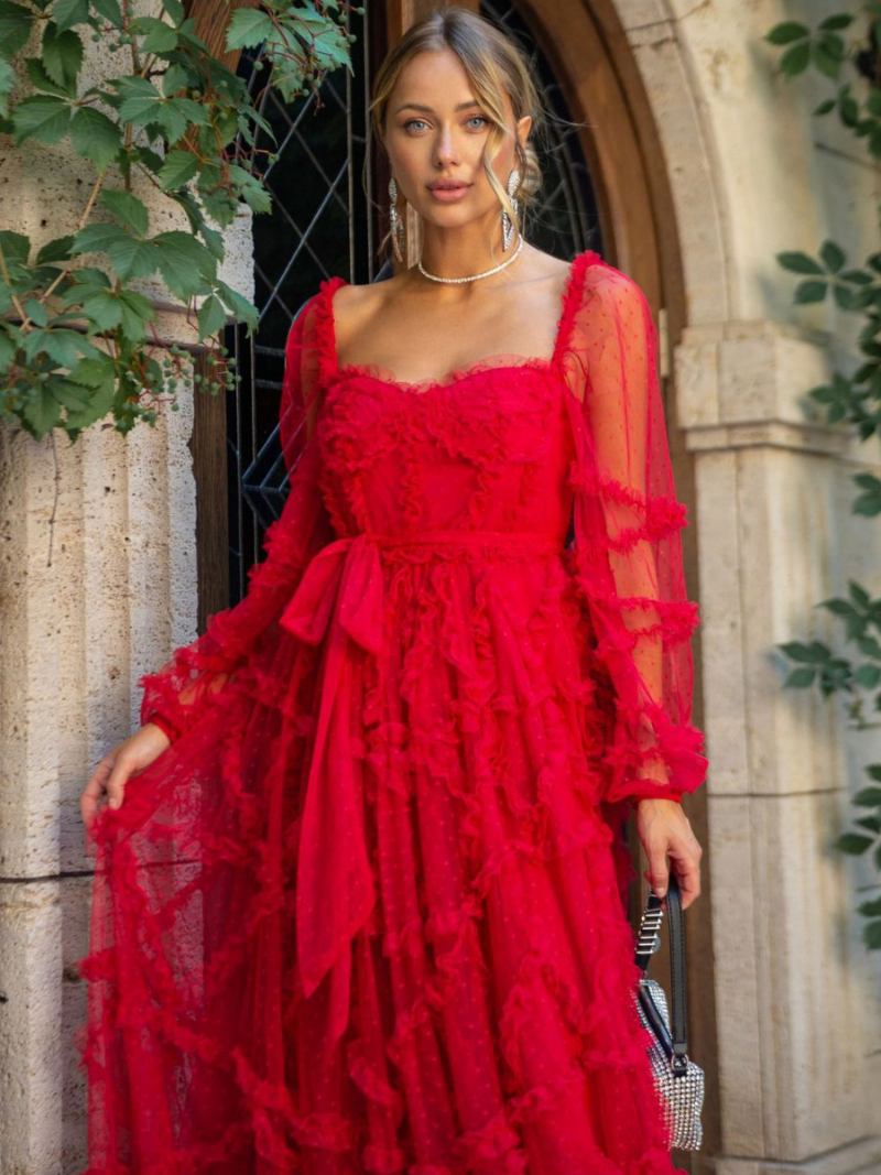 Vestido Feminino Com Babados Mangas Ilusão Bolinhas Em Camadas Vestidos Baile Para Festa - Vermelho