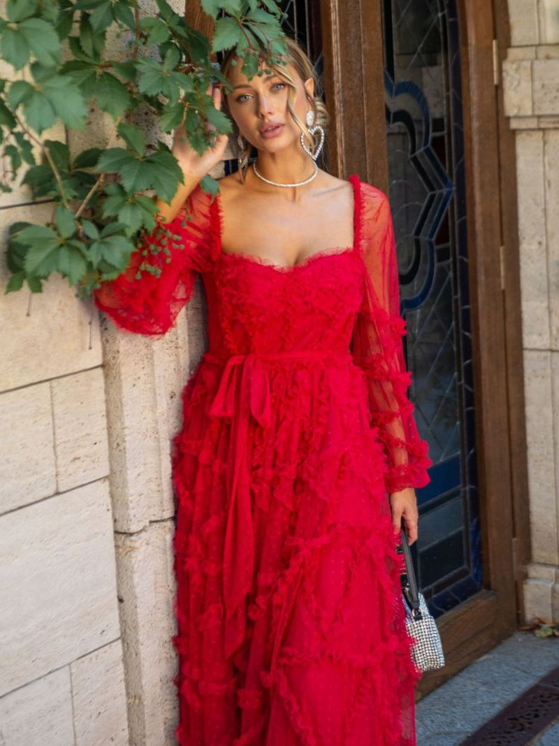 Vestido Feminino Com Babados Mangas Ilusão Bolinhas Em Camadas Vestidos Baile Para Festa - Vermelho