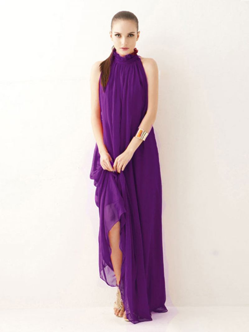 Vestido Feminino Frente Única Com Gola Joia E Renda Em Chiffon Praia Vestidos Maxi Baile - Roxo