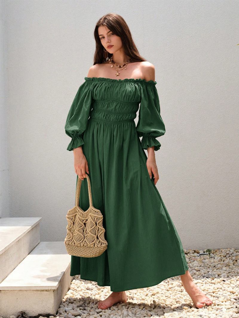 Vestido Feminino Ombro Fora Plissado Diário Casual Maxi Vestidos Em Verde