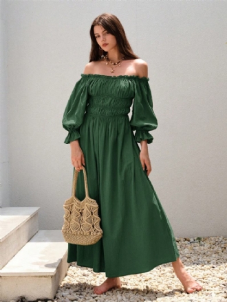 Vestido Feminino Ombro Fora Plissado Diário Casual Maxi Vestidos Em Verde