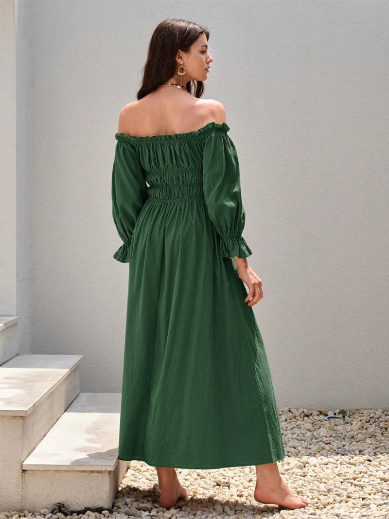 Vestido Feminino Ombro Fora Plissado Diário Casual Maxi Vestidos Em Verde - Verde