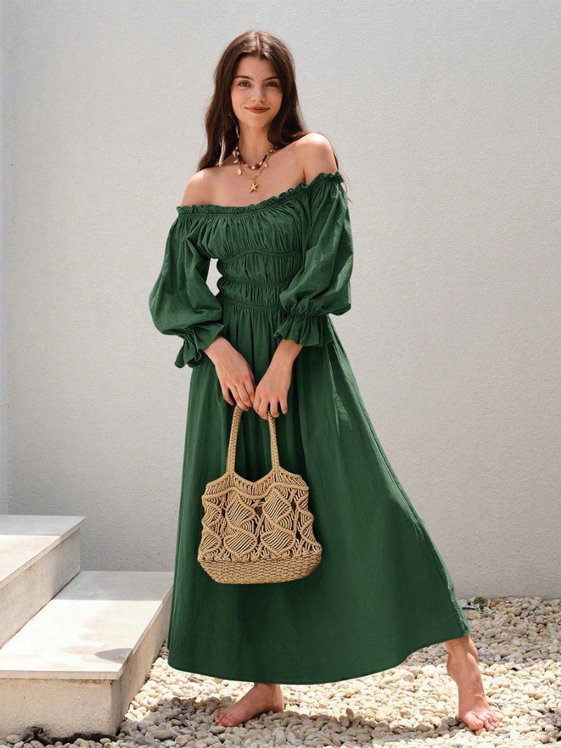 Vestido Feminino Ombro Fora Plissado Diário Casual Maxi Vestidos Em Verde - Verde