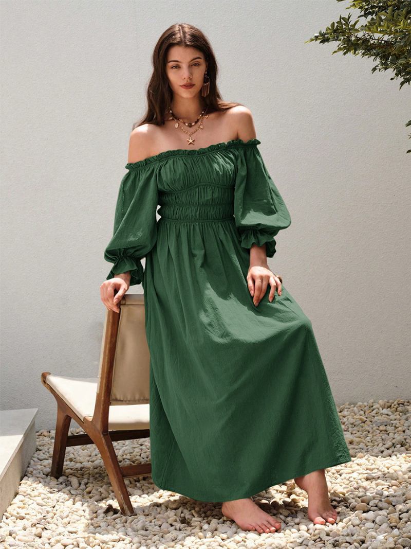 Vestido Feminino Ombro Fora Plissado Diário Casual Maxi Vestidos Em Verde - Verde