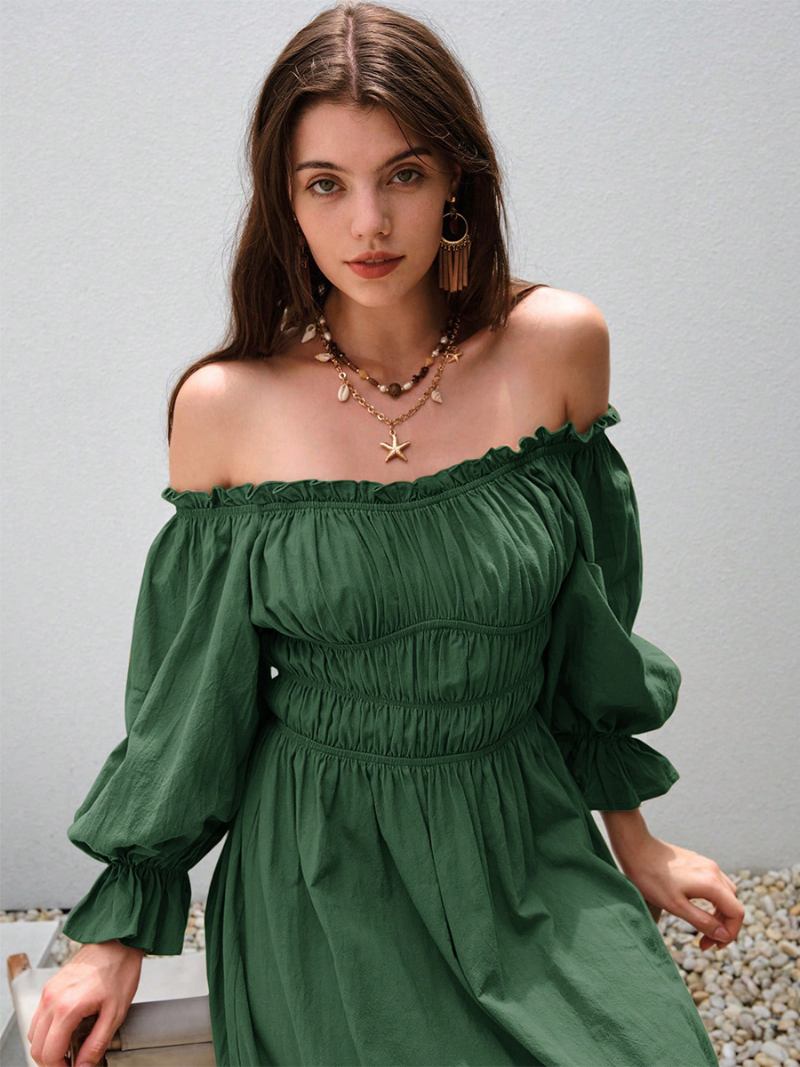 Vestido Feminino Ombro Fora Plissado Diário Casual Maxi Vestidos Em Verde - Verde