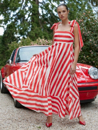 Vestido Feminino Verão Com Alças No Pescoço E Listras Cadarço Azul Céu Claro Longo Praia