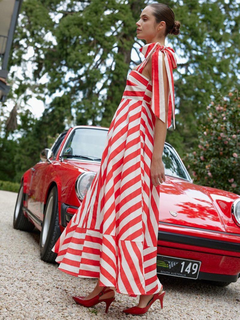 Vestido Feminino Verão Com Alças No Pescoço E Listras Cadarço Azul Céu Claro Longo Praia - Vermelho 