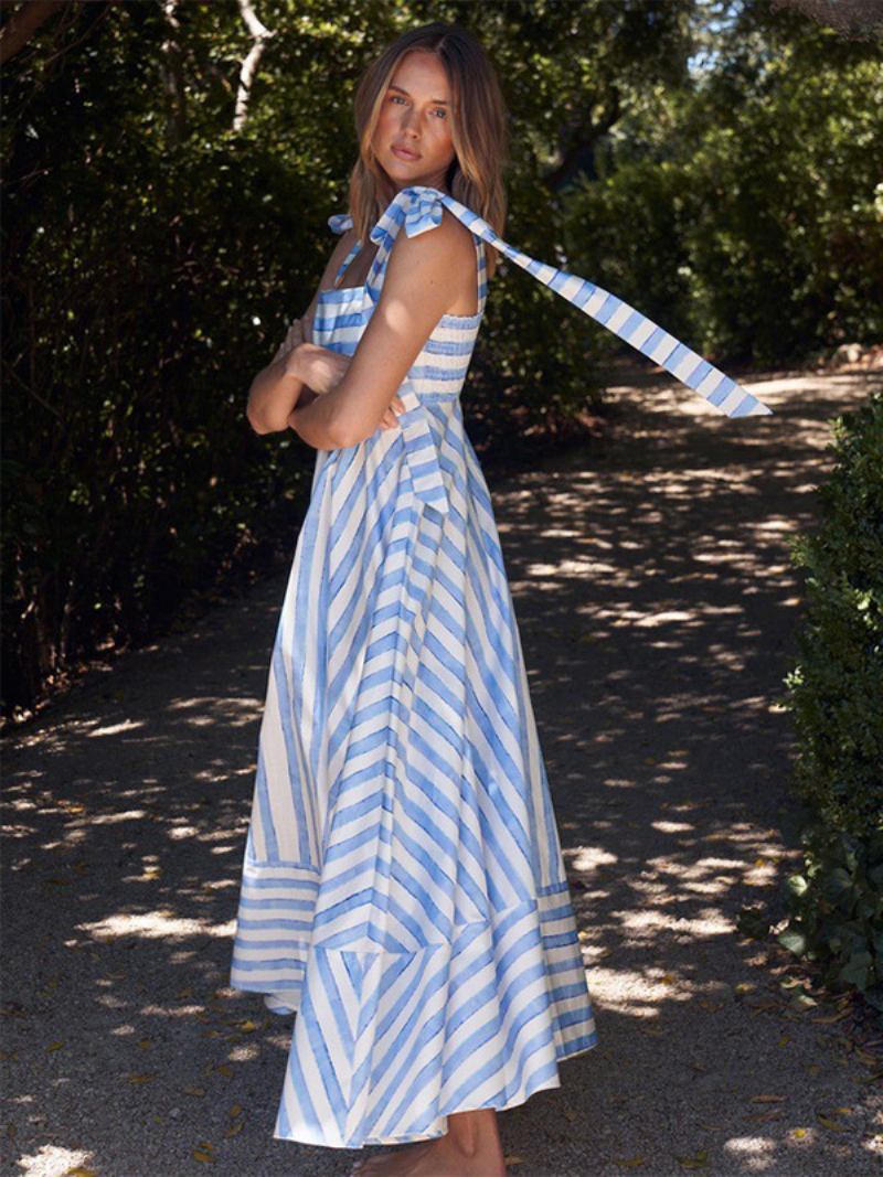 Vestido Feminino Verão Com Alças No Pescoço E Listras Cadarço Azul Céu Claro Longo Praia -  Azul Céu Claro