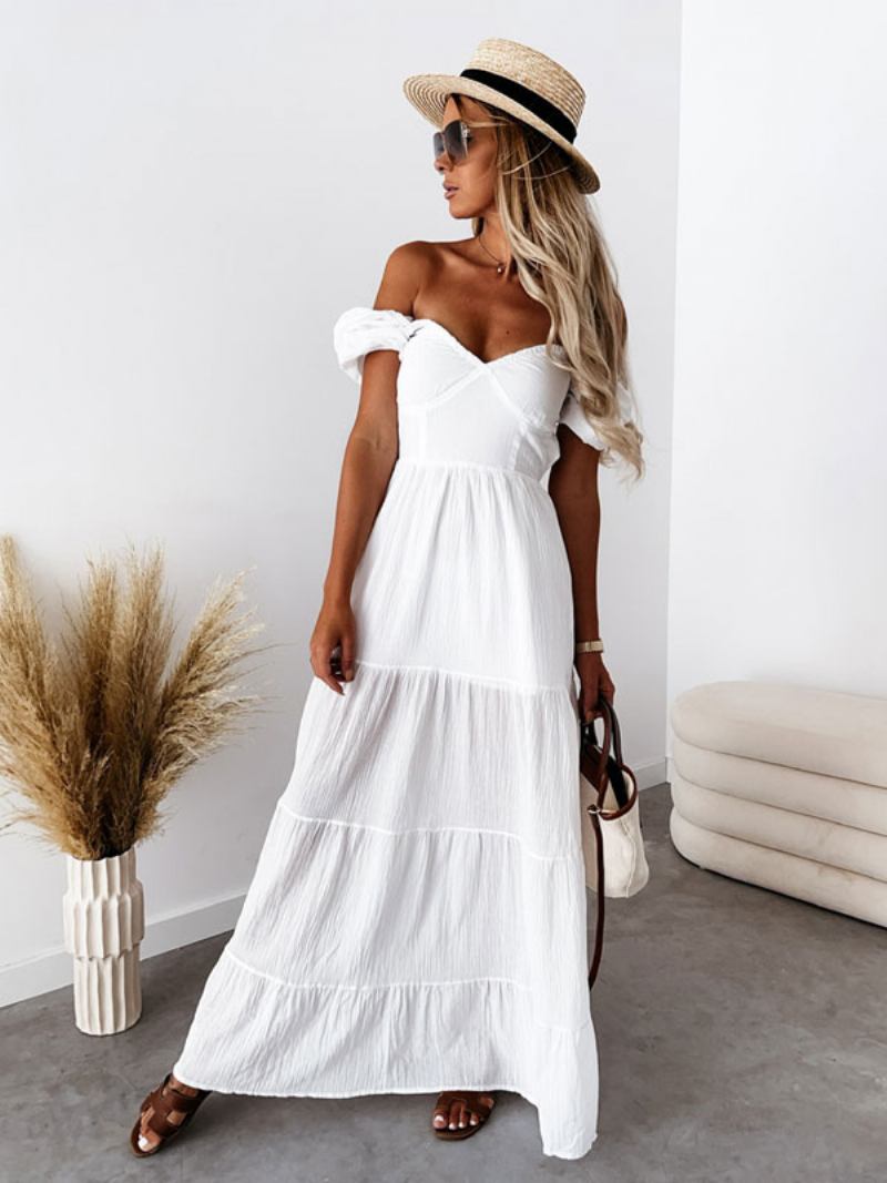 Vestido Feminino Verão Cor Sólida Em Camadas Com Ombros Fora Maxi Vestidos - Branco