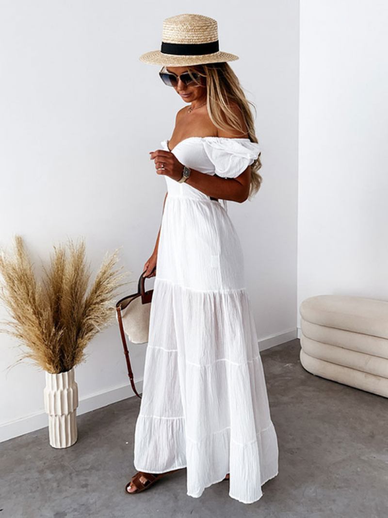 Vestido Feminino Verão Cor Sólida Em Camadas Com Ombros Fora Maxi Vestidos - Branco