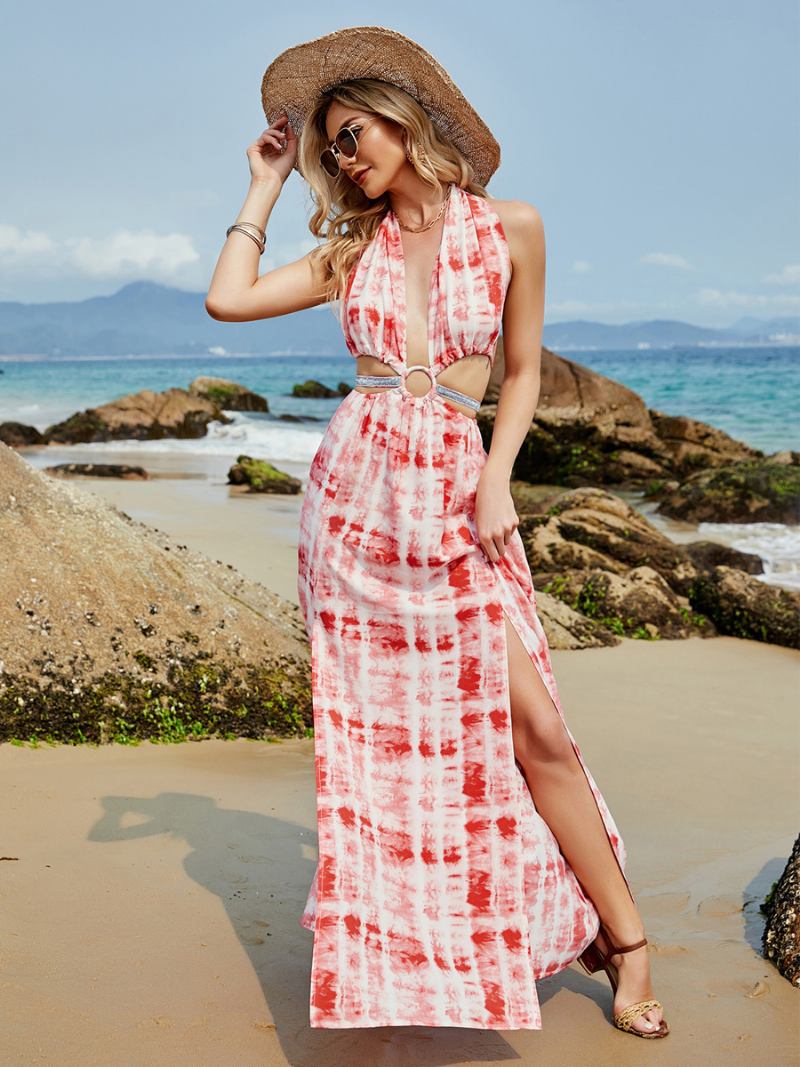 Vestido Floral Feminino Maxi Vestidos Estampa Sem Mangas Com Decote Em V Sexy Botões Fenda Alta Costas Lateral Longa Queda