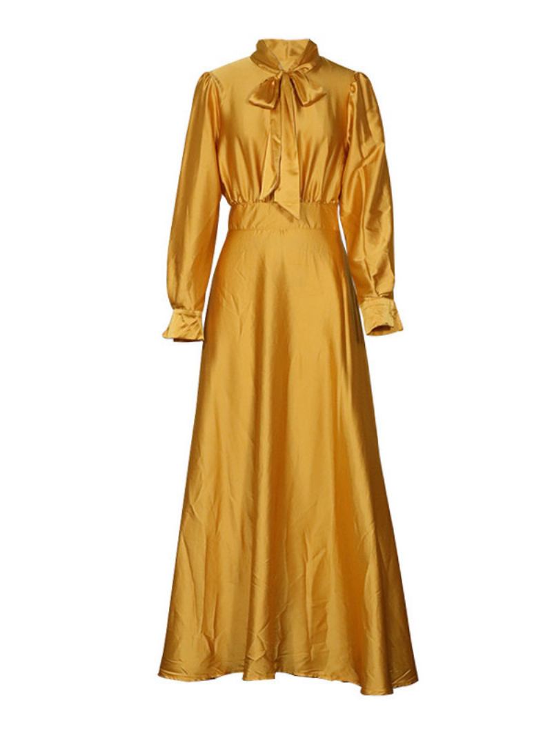 Vestido Longo Feminino Laranja Amarelo Gola Aberta Mangas Compridas Maxi - Laranja