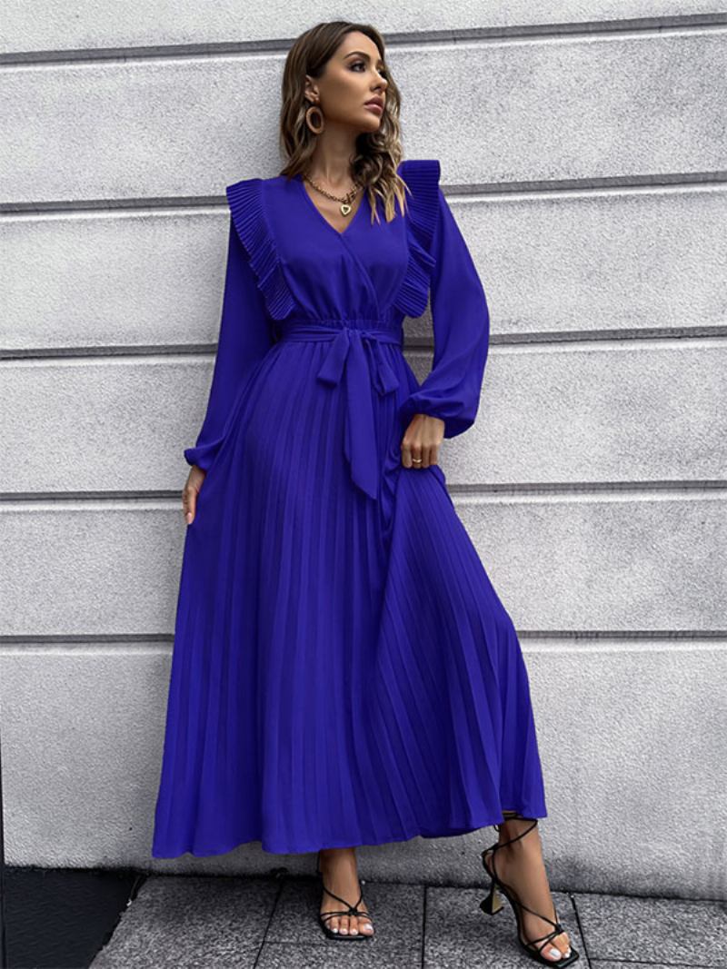 Vestido Maxi Feminino Com Decote Em V E Mangas Compridas - Azul