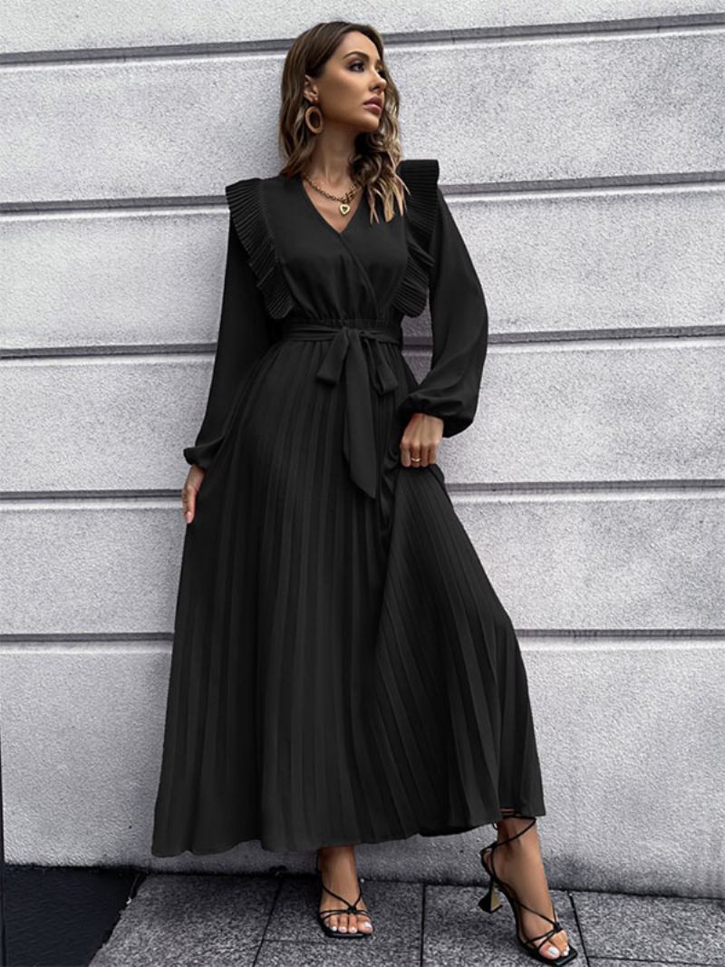 Vestido Maxi Feminino Com Decote Em V E Mangas Compridas - Preto