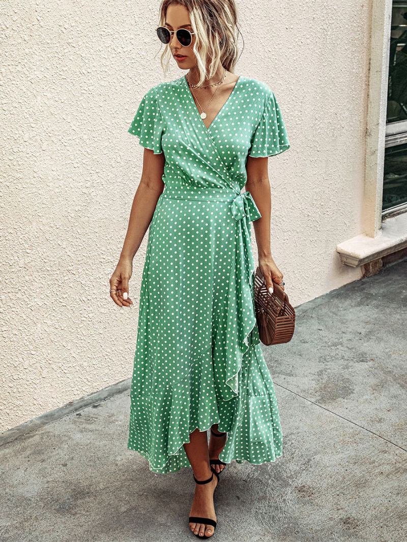 Vestido Maxi Feminino Com Decote Em V Manga Curta Longo Estampado - Verde