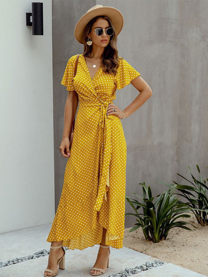 Vestido Maxi Feminino Com Decote Em V Manga Curta Longo Estampado - Amarelo