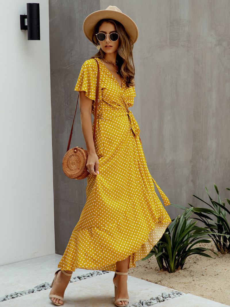 Vestido Maxi Feminino Com Decote Em V Manga Curta Longo Estampado - Amarelo