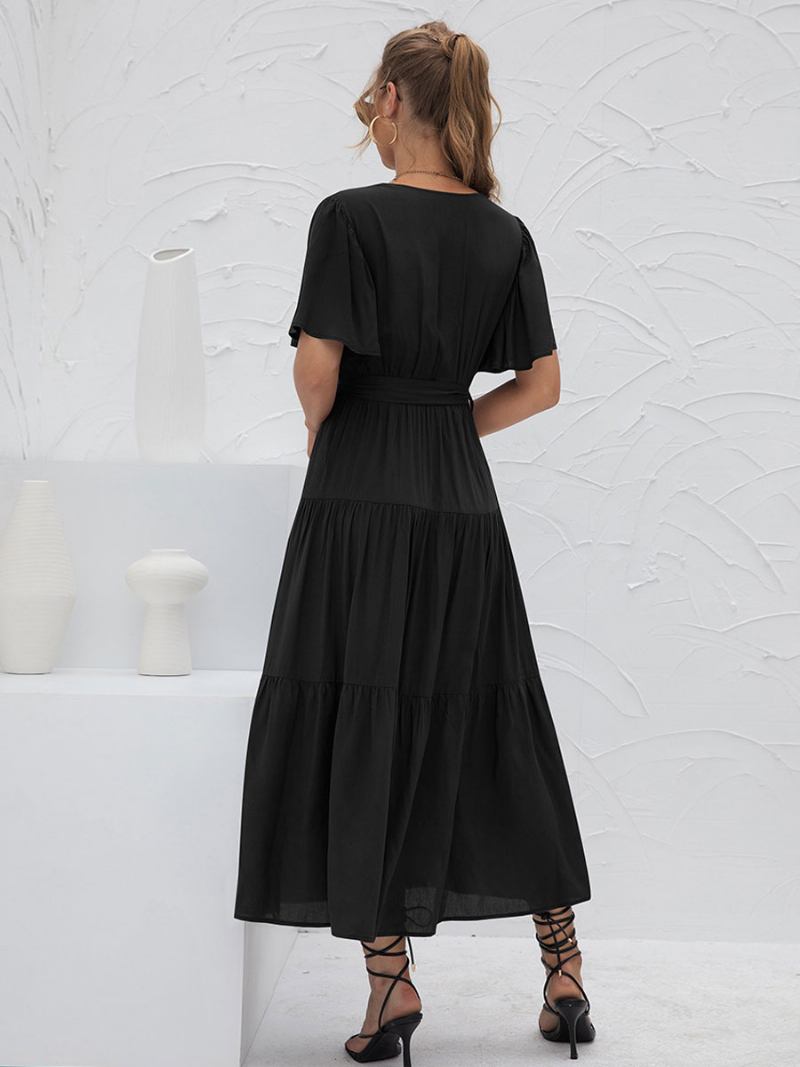 Vestido Maxi Feminino Com Decote Em V Mangas Curtas Casual Camadas Até O Chão -  Preto