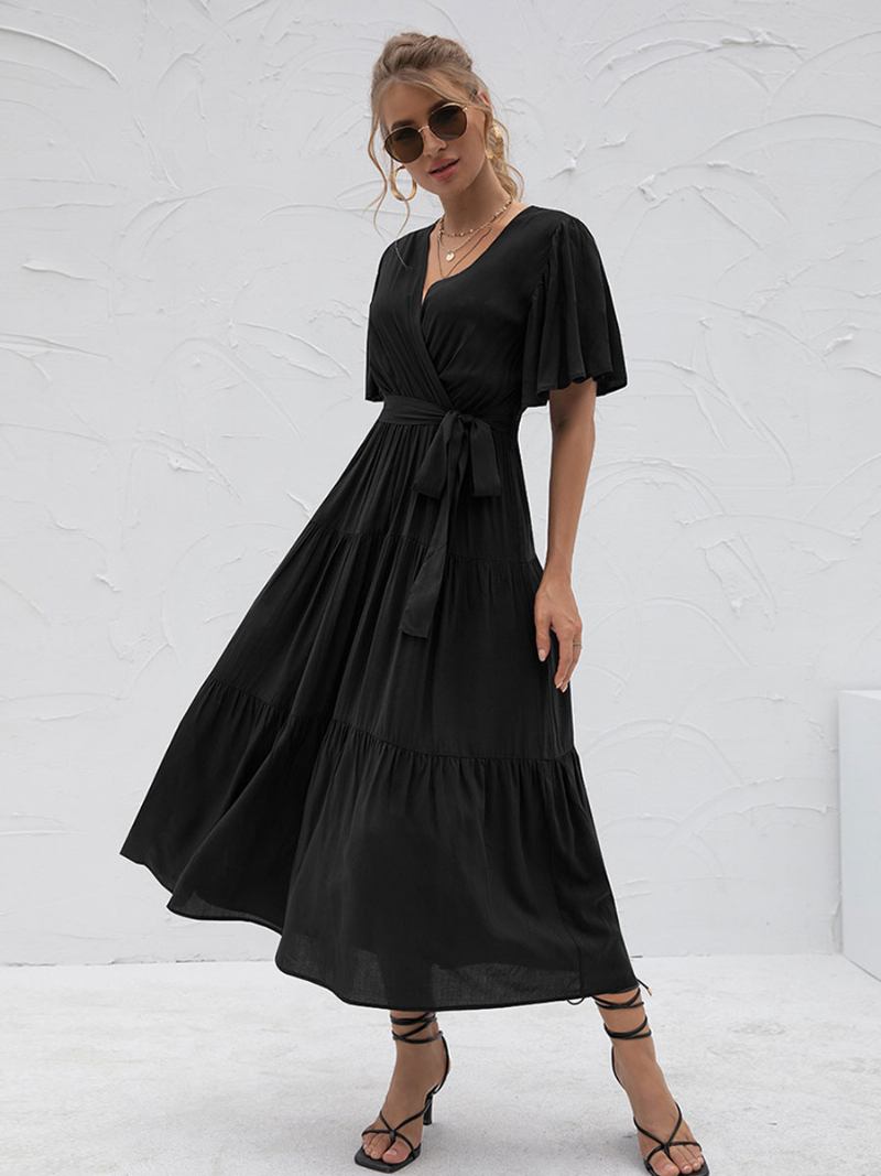 Vestido Maxi Feminino Com Decote Em V Mangas Curtas Casual Camadas Até O Chão -  Preto