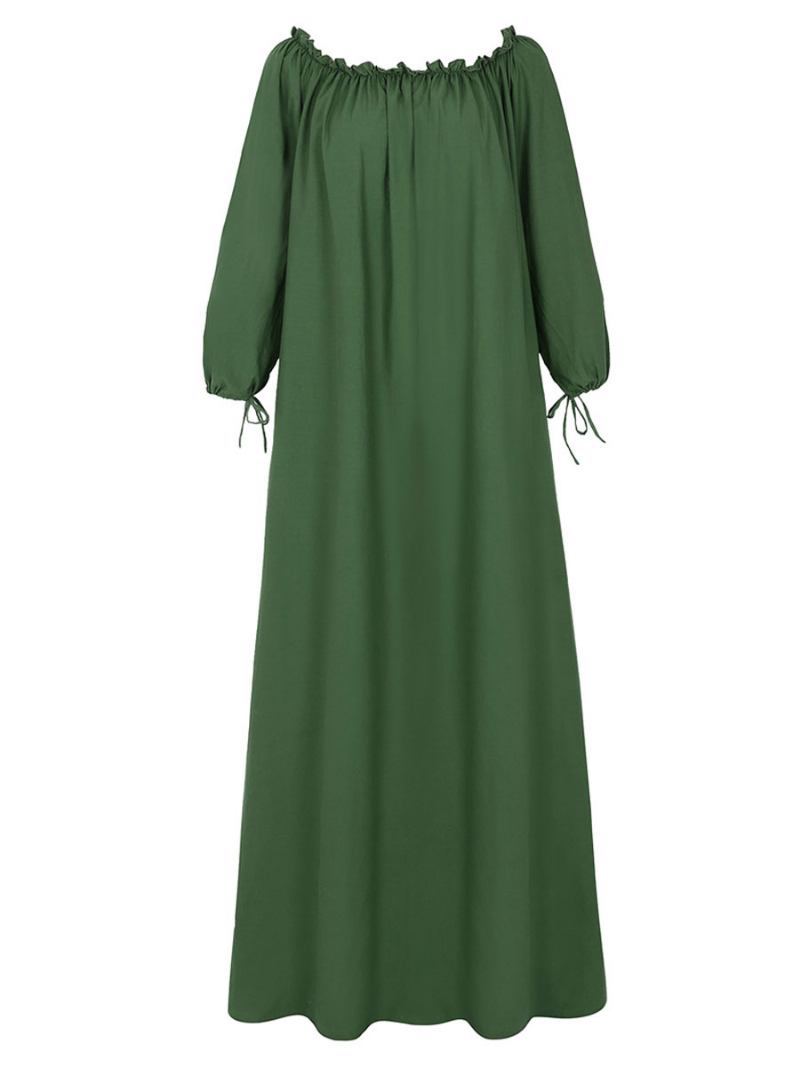 Vestido Maxi Feminino Oversized Branco Mangas Compridas Um Ombro Plissado Algodão Até O Chão - Verde