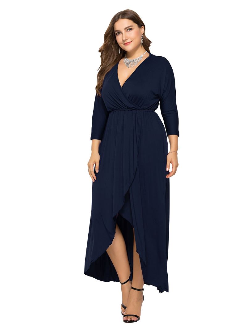 Vestido Maxi Feminino Plus Size Beep Azul Manga Comprida Decote Em V Longo Oversized