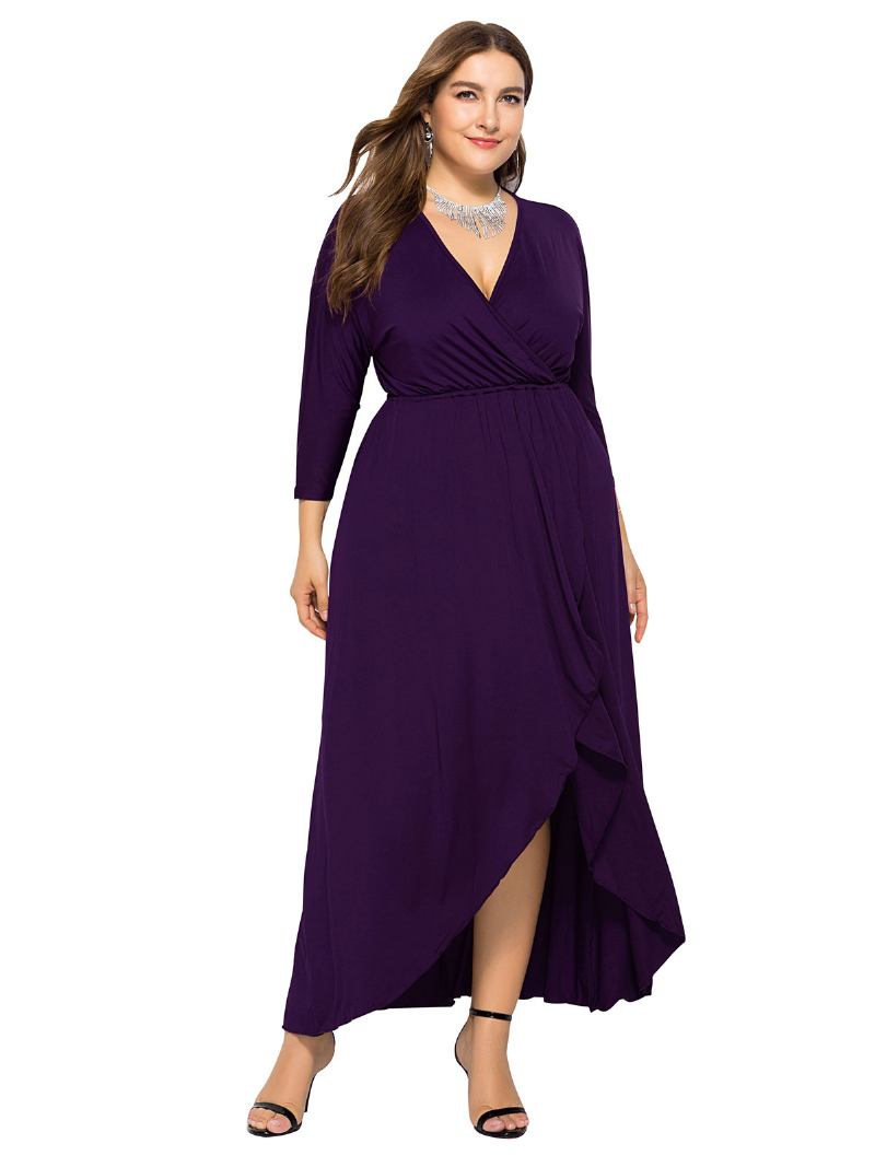 Vestido Maxi Feminino Plus Size Beep Azul Manga Comprida Decote Em V Longo Oversized - Roxo