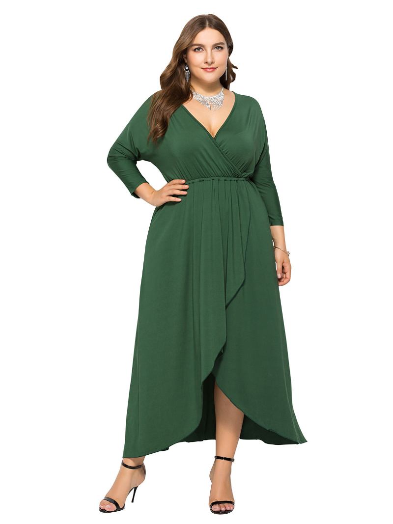 Vestido Maxi Feminino Plus Size Beep Azul Manga Comprida Decote Em V Longo Oversized - Verde