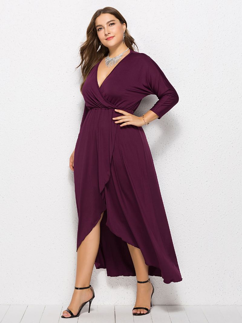 Vestido Maxi Feminino Plus Size Beep Azul Manga Comprida Decote Em V Longo Oversized - Fúcsia