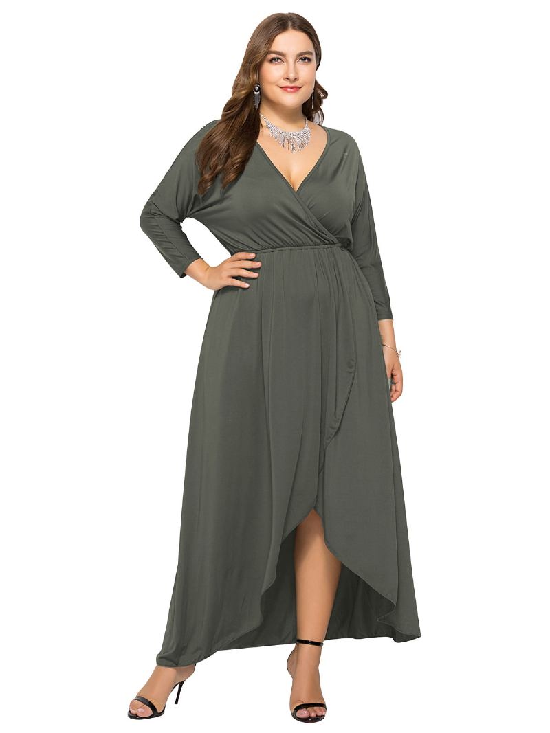 Vestido Maxi Feminino Plus Size Beep Azul Manga Comprida Decote Em V Longo Oversized - Cinza