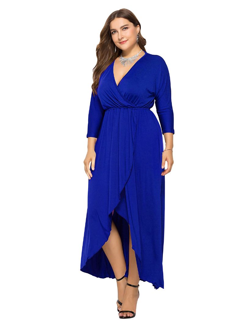 Vestido Maxi Feminino Plus Size Beep Azul Manga Comprida Decote Em V Longo Oversized - Azul Royal