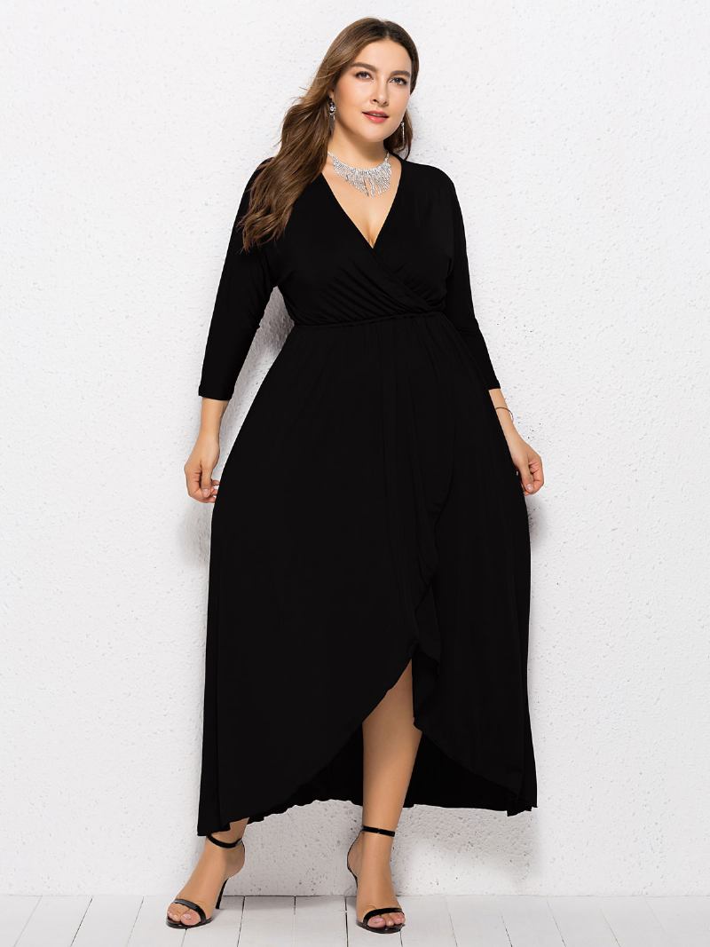 Vestido Maxi Feminino Plus Size Beep Azul Manga Comprida Decote Em V Longo Oversized - Preto