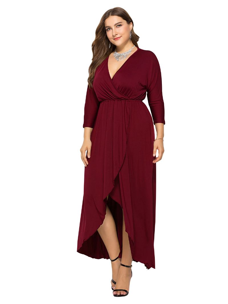 Vestido Maxi Feminino Plus Size Beep Azul Manga Comprida Decote Em V Longo Oversized - Borgonha