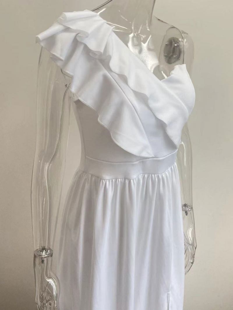 Vestido Maxi Feminino Um Ombro Sem Mangas Com Fenda Baixa Vestidos Longos Baile - Branco