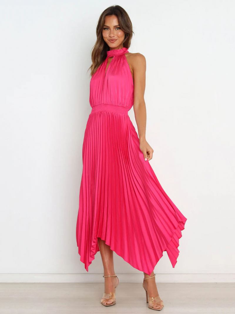 Vestido Verão Feminino Gola Alta Plissado Irregular Rosa Longo Praia - Rosa