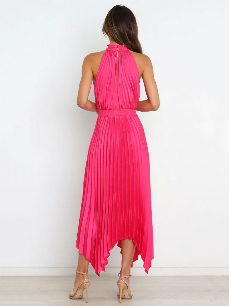 Vestido Verão Feminino Gola Alta Plissado Irregular Rosa Longo Praia - Rosa