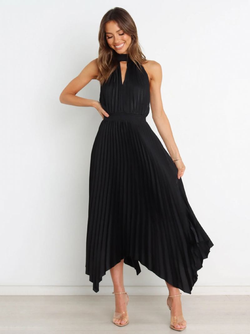 Vestido Verão Feminino Gola Alta Plissado Irregular Rosa Longo Praia - Preto