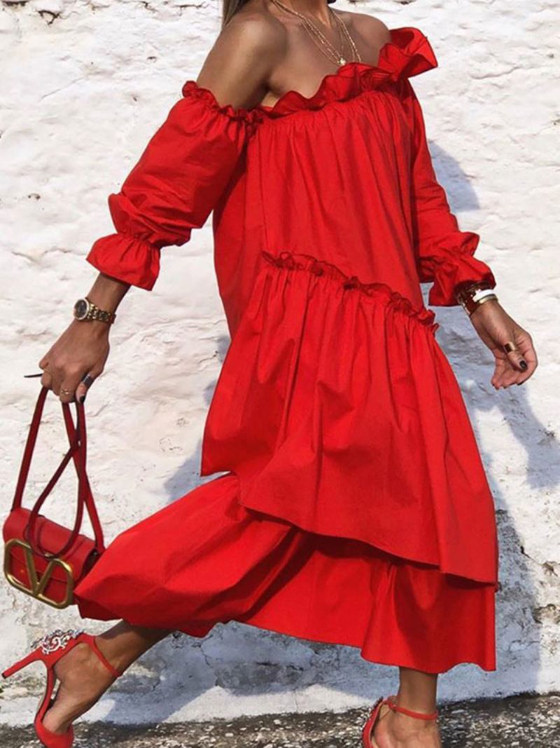 Vestidos Maxi Femininos Mangas Compridas Vermelho Bateau Pescoço Assimétrico Até O Chão Vestido - Vermelho