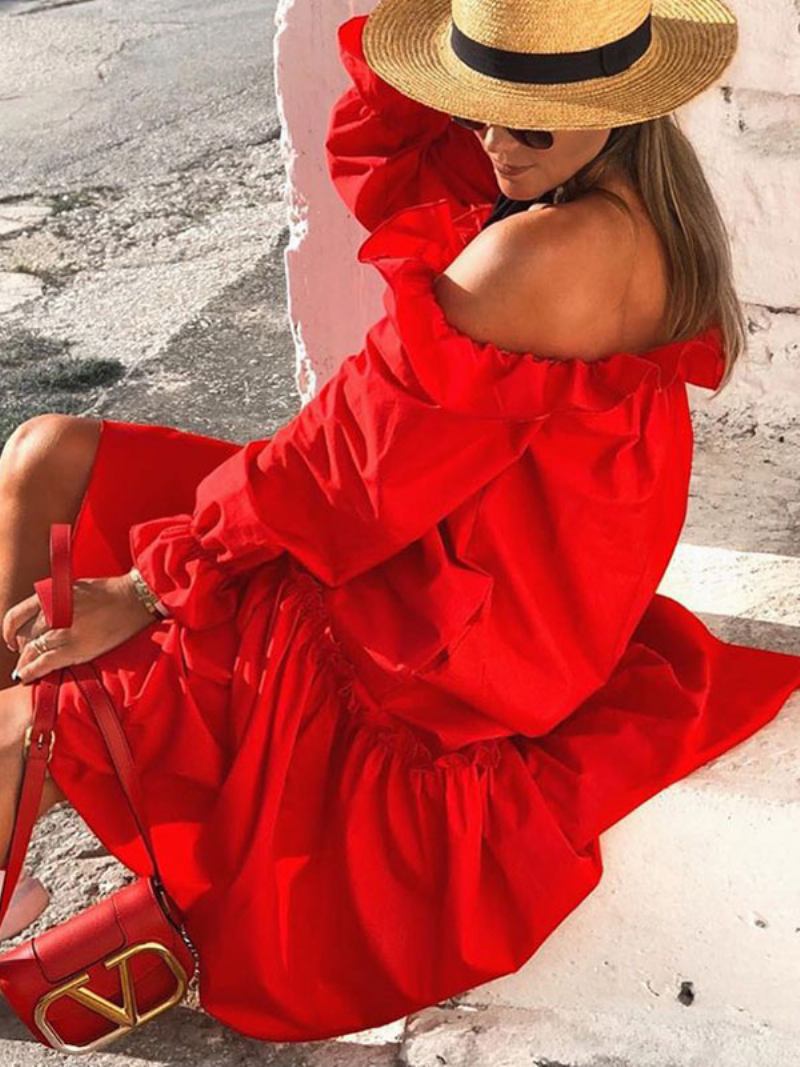 Vestidos Maxi Femininos Mangas Compridas Vermelho Bateau Pescoço Assimétrico Até O Chão Vestido - Vermelho