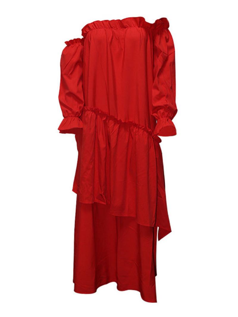 Vestidos Maxi Femininos Mangas Compridas Vermelho Bateau Pescoço Assimétrico Até O Chão Vestido - Vermelho