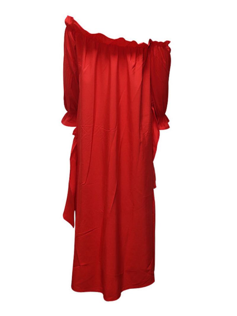 Vestidos Maxi Femininos Mangas Compridas Vermelho Bateau Pescoço Assimétrico Até O Chão Vestido - Vermelho