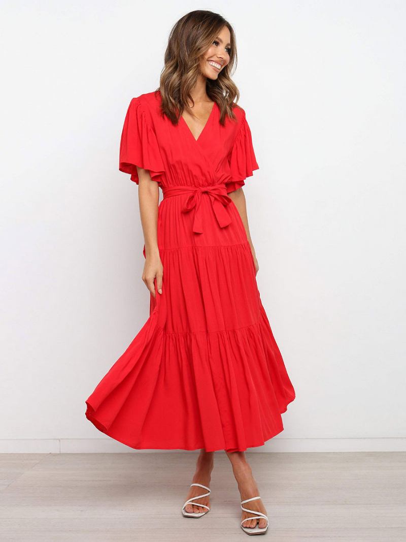 Vestidos Maxi Femininos Mangas Curtas Lavanda Com Decote Em V Rendas Camadas Vestido Longo Verão -  Vermelho 