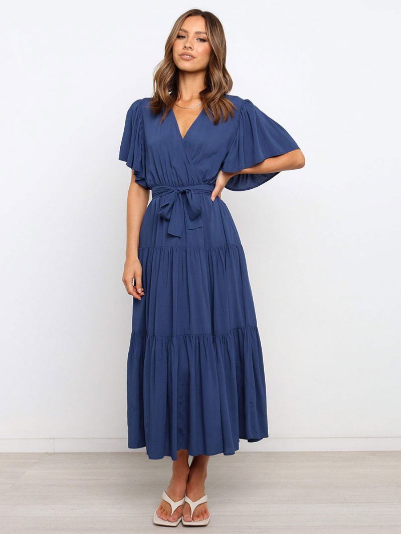 Vestidos Maxi Femininos Mangas Curtas Lavanda Com Decote Em V Rendas Camadas Vestido Longo Verão -  Azul Profundo 